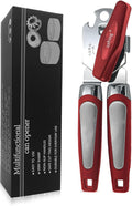 Can Opener Manual, Handheld Strong Heavy Duty Stainless Steel Can Opener, Comfortable Handle, Sharp Blade Smooth Edge, Can Openers with Multifunctional Bottle Opener, Red