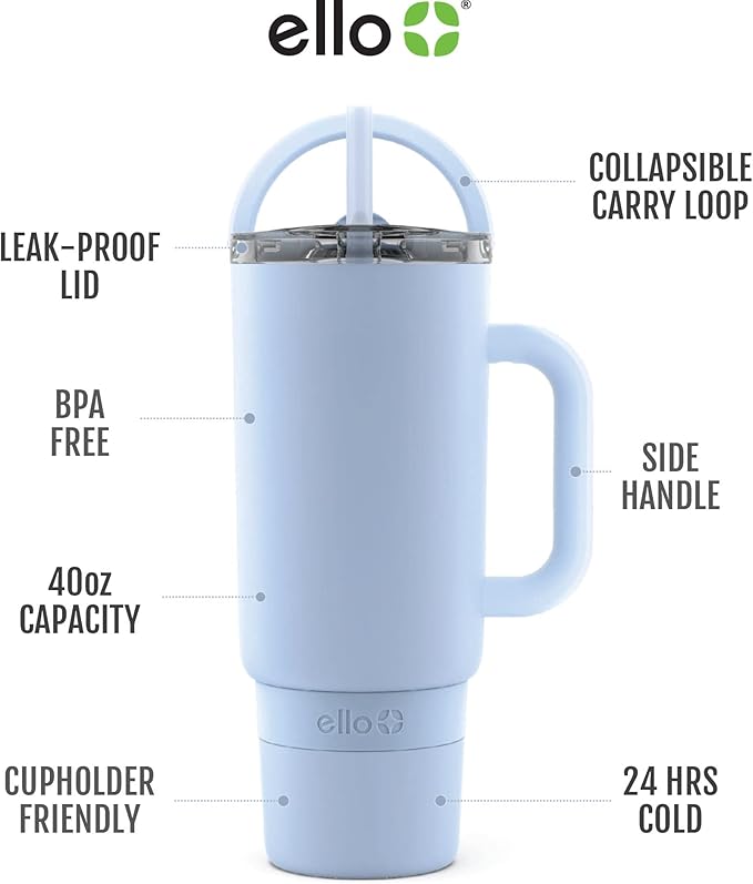 Ello Port 40oz Tumbler with Carry Loop & Integrated Handle, Vacuum Insulated Stainless Steel Reusable Water Bottle, Travel Mug with Leak Proof Lid & Straw for Iced Coffee & Tea, Halogen Blue