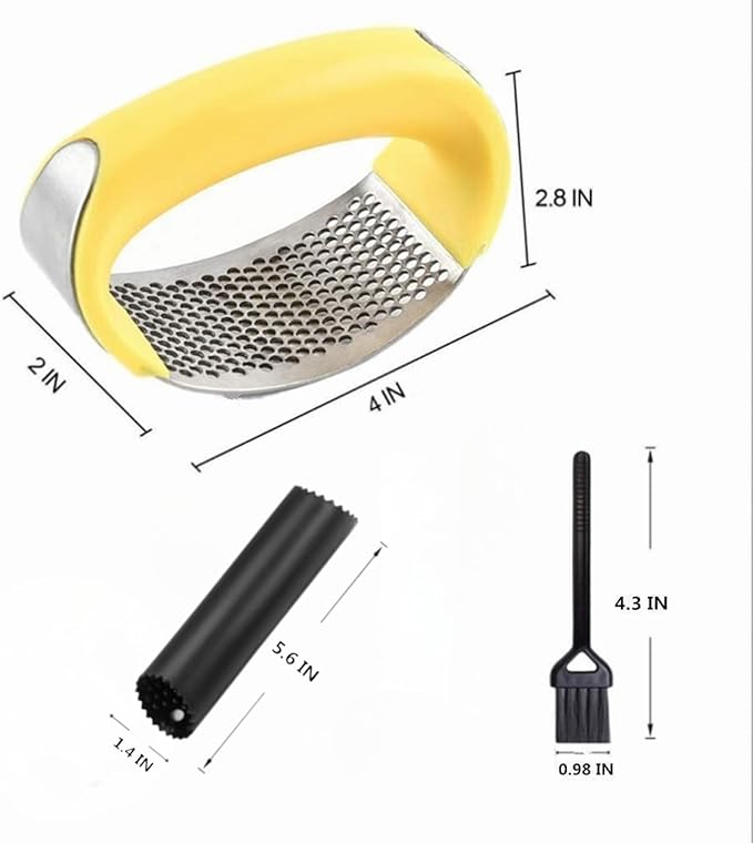 Angel's Peel Lounge Stainless Steel Garlic Press Rocker Set with Silicone Garlic Peeler & Cleaning Brush – Garlic Chopper, Mincer, Grater, Crusher – Easy for Crushed Cloves – Rust-Resistant, Yellow