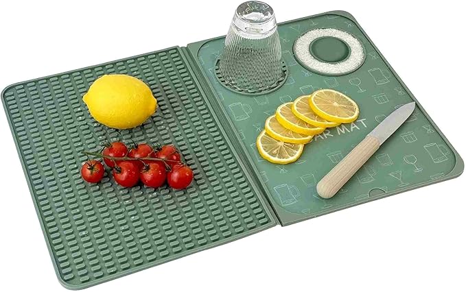 Bar Mat, Bar Accessories, Multifunctional Folding Cocktail Mat with Cutting Board, 18" X 12"(Green) Drying Mats,Bar Mat for Countertops,Bar Decorations for Home, Outdoor Bar Accessories,Travel