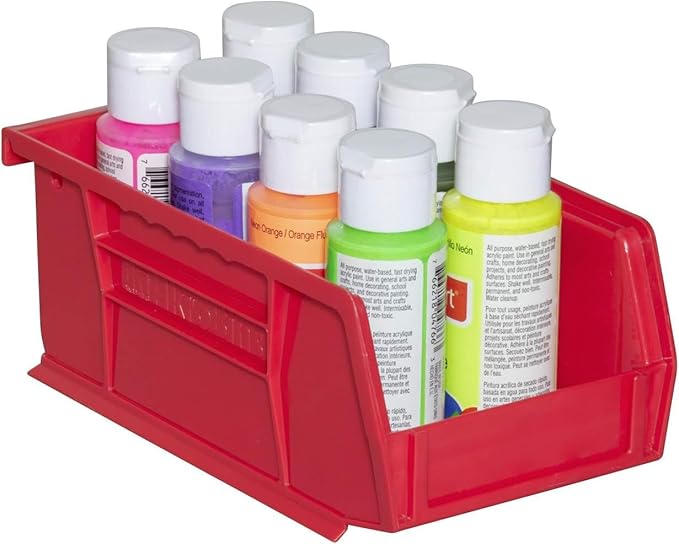 Akro-Mils 30220 AkroBins Plastic Storage Bins, Space-Saving Stackable Bins for Garage, Pantry, Craft Organization, 7-" x 4-" x 3-", Red, 24-Pack