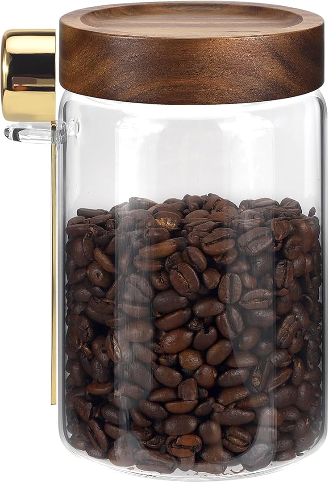 Glass Food Storage Jar with Lids Spoon Glass Coffee Canister Borosilicate Glass Food Containers for Ground Coffee Beans Nut Pasta Sugar Candy Spice Rice Tea (900ml/30oz-1 pack-with spoon)