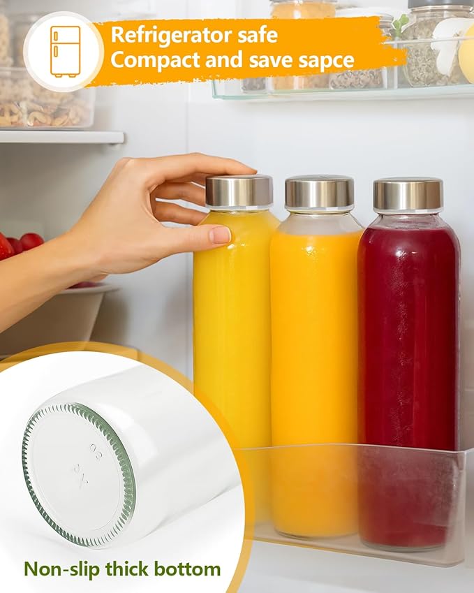 Zukro Glass Water Bottles with Lids 32 oz, 3 Pack Reusable Large Juice Bottles With Stainless Steel Airtight Cap for Juicing, Leak Proof Clear Drinking Jar Beverage storage container, BPA Free