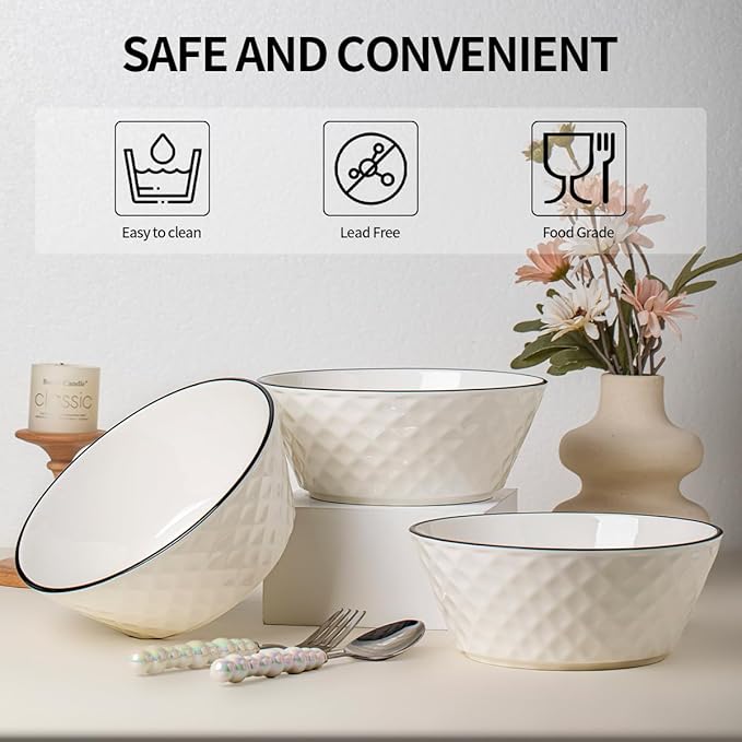 Yeacccng Ceramic Soup Bowls Set of 3, 46oz Deep Soup Bowls, Scratch-Resistant, Lead-Free, 8 inch Diamond Pattern Soup Bowl for Oatmeal,Salad,Pasta,Soups,Dessert,Fruits, Dishwasher & Microwave Safe