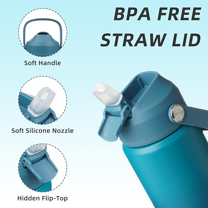BJPKPK Insulated Water Bottle with Straw Lid, 18oz Thermo Water Bottles with Soft Nozzle, Flex Handle & Non-slip Boot, BPA Free Leak Proof Stainless Steel Metal Thermo, Tumblers, Cups,Vast