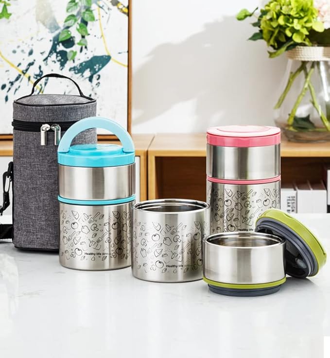 Lille Home Vacuum Insulated Stackable Stainless Steel Thermal Lunch/Snack box, 2-Tier Bento/Food Container with Lunch bag, Smart Diet, Weight Control, 32 Ounces