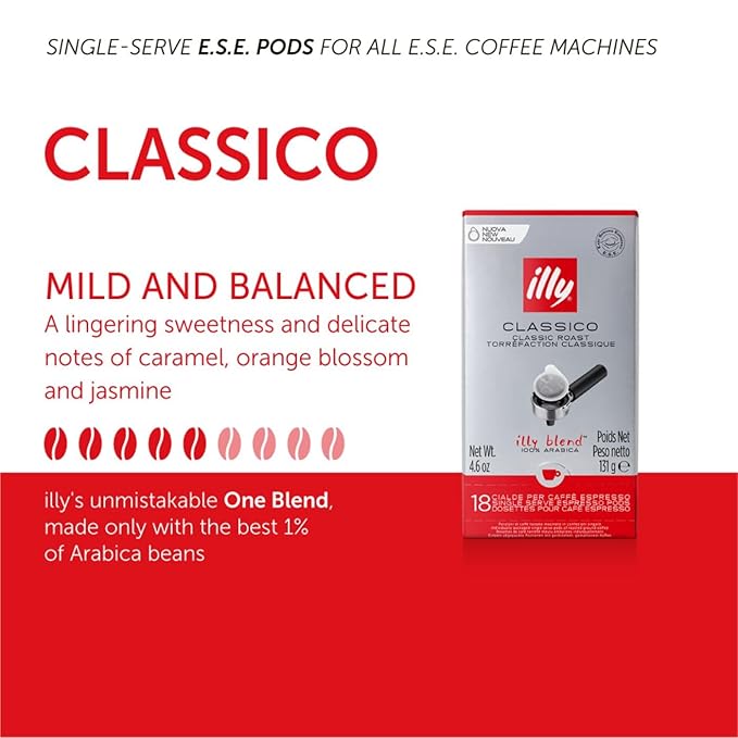 illy Classico E.S.E. Pods , Medium Roast, Classic Roast with Notes of Chocolate & Caramel, 100% Arabica Coffee, All-Natural, No Preservatives, 18 Count (Pack of 12)