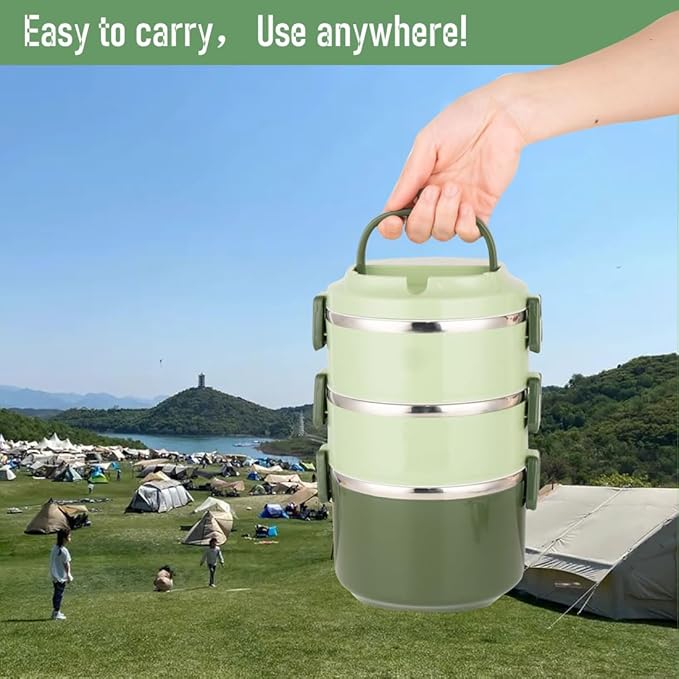 SANQIAHOME 3 Tier Stackable Stainless Steel Lunch Box Sealed(green, 3 layers) with spoon and fork