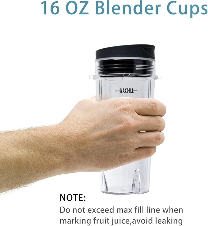 16oz Blender Cup Set Compatible with Ninja Replacement Parts, Single Serve Blender Cups+Sip & Seal lids for QB3001SS Fit Compact Personal QB3000 BL660 BL740 BL770 BL780 BL810