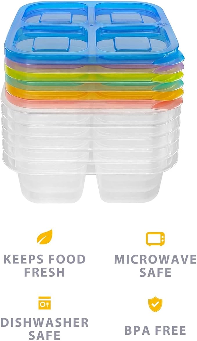 Finorder 6 Pack 4-Compartment Snack Containers, Reusable Food Containers for Kids School, Adults Office, Picnic Trip, Lunch Bento Box Meal Prep Containers (Bright Color Set)