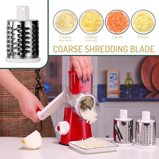 Rotary Cheese Grater with Handle Vegetable Shredder Round Kitchen Slicer Mandoline Grater for Vegetable, Nuts, Chocolate, Cheese, White, 3 Stainless Steel Blades