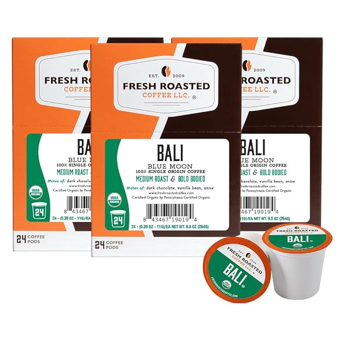 Fresh Roasted Coffee, Organic Bali Blue Moon | USDA Organic, Kosher | Medium Roast 72 Pods for K Cup Brewers