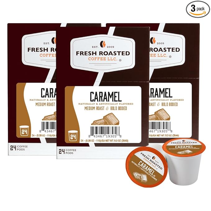 Fresh Roasted Coffee, Caramel, Flavored Coffee Pods, 72 Count