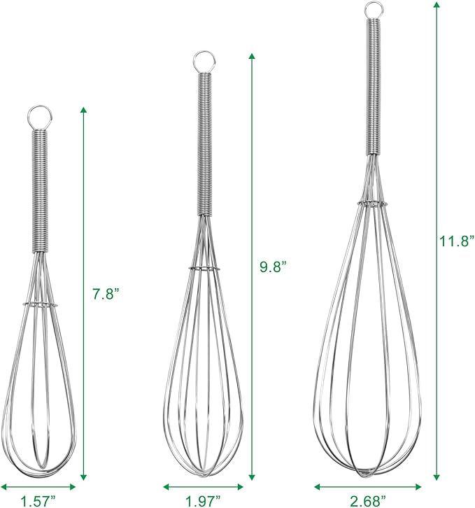 ForTomorrow Stainless Steel Whisk Set - 8"+10"+12" Thin Handle Wisk Balloon Wire Whisks Kitchen Tool for Cooking, Baking, Mixing Blending, Whisking, Beating, Stirring