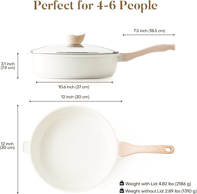 Kordisen Nonstick Ceramic Deep Frying Pan, 12 Inch Non Toxic Large Skillet with Lid, 5 Qt Healthy Jumbo Cooker, Saute Pan for Cooking, Induction Cookware, PFOA & PFAS Free (Cream)