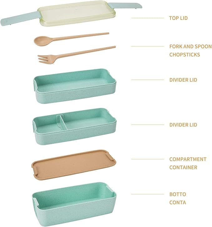 Rarapop 3 Pack Stackable Bento Box Adult Japanese Lunch Box Kit with Spoon & Fork, 3-In-1 Compartment Wheat Straw Meal Prep Containers (Green/Pink/Beige)