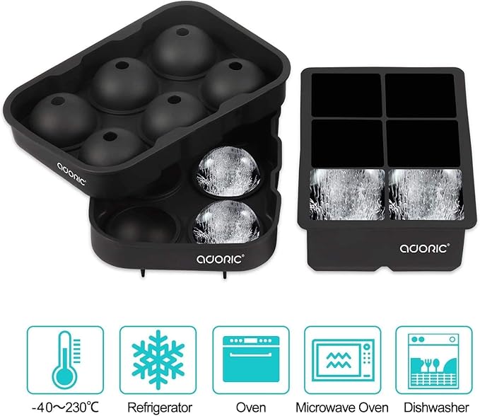 Ice Cube Tray, Large Square Ice Tray and Sphere Ice Ball Maker with Lid for Whiskey and Homemade, Reusable,Easy Demold (Silicone Ice Cube Molds Set of 2)