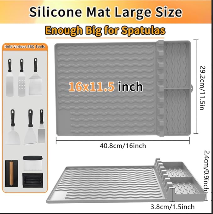 Silicone Grill Mat for Blackstone, Blackstone Griddle Accssories Tools with Drip Pad, Silicone Spatula Mat for Outdoor Grill Kitchen Counter,Grilling Spatula Holder