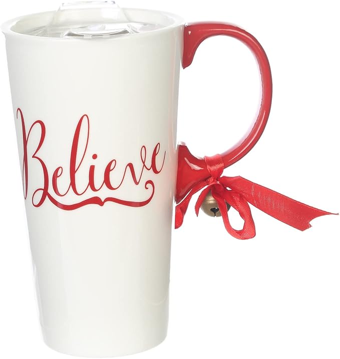 Christmas Ceramic Mug Porcelain Coffee Cup with Tritan Lid and Box,17 oz Bell Decorated (Believe)