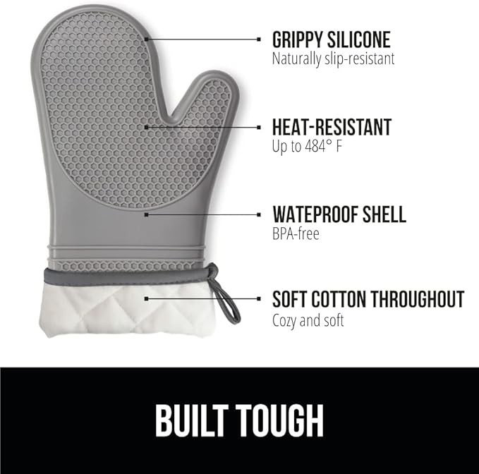 GORILLA GRIP BPA-Free Soft Silicone Oven Mitts, Heat Resistant and Waterproof Cooking Gloves, Thick Cotton Lining, Flexible Gripping for Baking Grilling, Kitchen Potholders Set of 2, 12.5x8.3, Gray