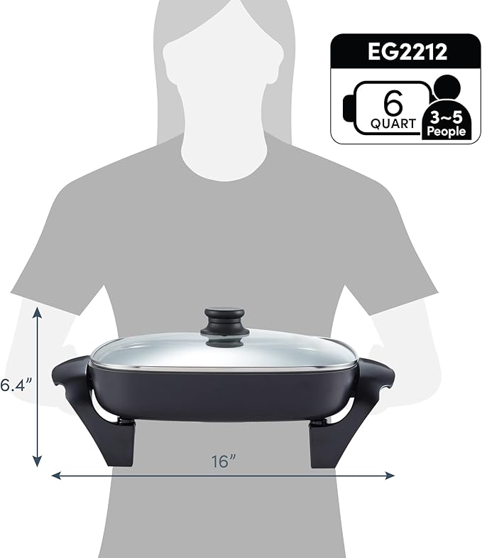 Elite Gourmet EG2212X 12"x12"x2.15” Ceralast™ PFAS Free Ceramic Electric Skillet, Dishwasher Safe, Rapid Heat Up, 1200W, Dark Grey
