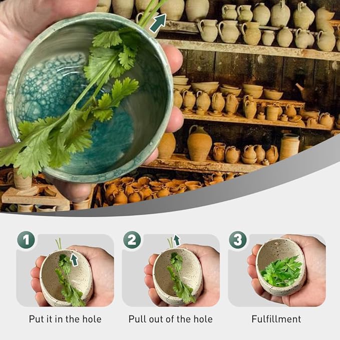 Pottery Herb Stripper Bowl, 2025 Upgrade Pottery Herb Stripper Cup Ceramic Herb Peeling Cup, Handmade Different Round Hole Sizes Suitable for Peeling Off The Leafy Assembly (B)