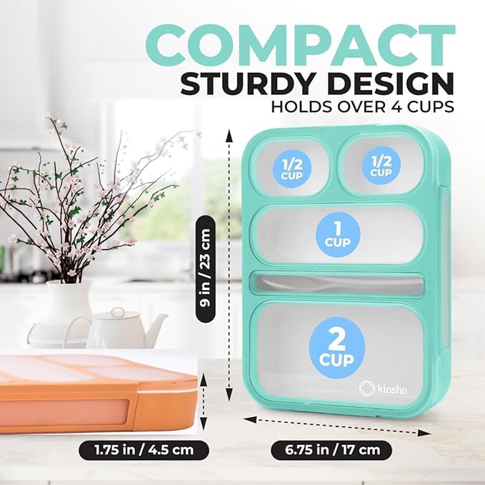 Kinsho Bento Box for Adults and Kids, Leakproof Lunch-Boxes with Custom Fit Spoon and Fork, Portion Control Container, BPA Free, Green + Orange, 5 Compartments, 2 Pack