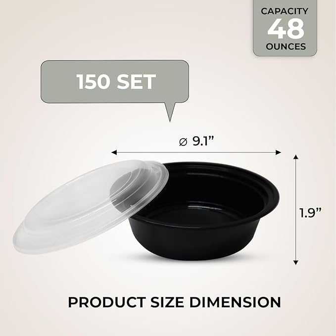 Klex 32 Oz, 150 Sets Meal Prep Containers with Airtight Lids, BPA Free, Reusable Plastic Food Container, 32 oz, Round, Black/Clear, 150 Sets