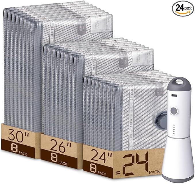 24 Pack Vacuum Seal Bags for Clothing Travel with Rechargeable air Pump, Carry-on Size Compression Packing Bags for Luggage and Suitcase, Space Saver for Clothes