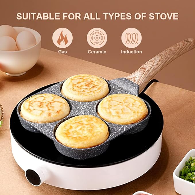 Fried Egg Pan, Egg Frying Pan 4 Cups Egg Poacher Pan Nonstick Mini Pancake Pan Burger Maker for Breakfast, Aluminum Alloy (Black)