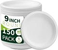 9 Inch Compostable Paper Plates 【White150 Pack】,100% Sugarcane Bagasse Medium Disposable Plates, Sturdy Heavy Duty, Biodegradable Dinnerware for Party, BBQ, Picnic, Camping