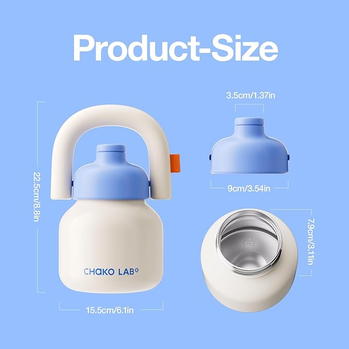 CHAKO LAB Water Bottle with Straw and Carry Handle | Wide Mouth vacuum insulated stainless steel Bottles | Reusable, leak-proof and BPA-free | 33oz(White&Blue)