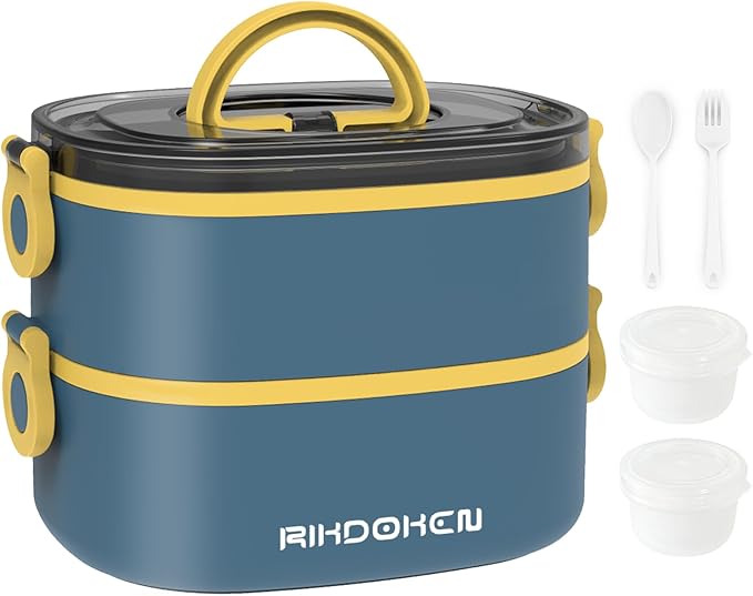 Lunch Box, Stackable 2 Layers Containers, Portable 64OZ Large Capacity Leakproof Bento Box with Spoon & Fork & Sauce Boxes, Microwave Safe Lunch Box for Kids and Adults