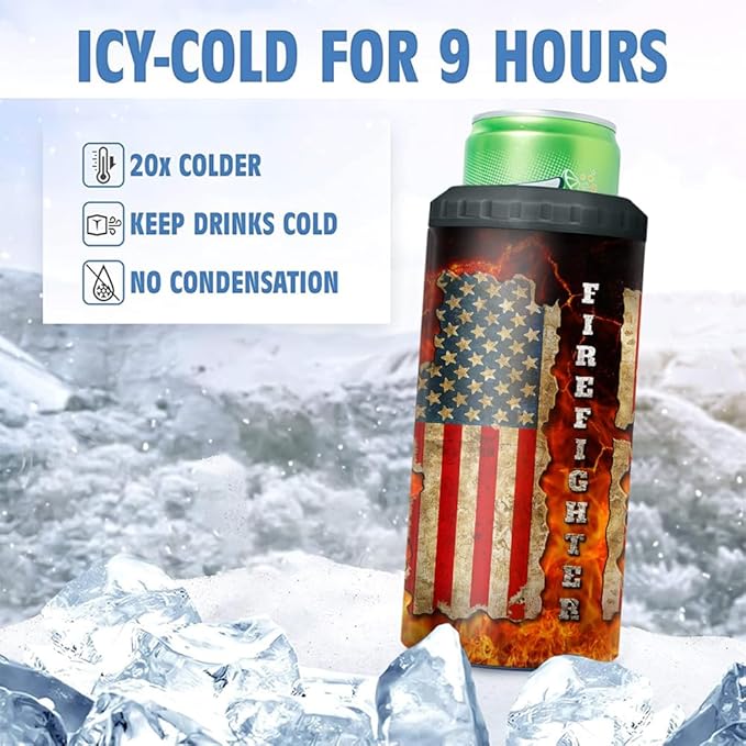 SANDJEST Firefighter Tumbler American Flag 4 in 1 12oz Tumbler Can Cooler Coozie Skinny Stainless Steel Tumbler Gift for Firemen Fire Department Dad Men Father Graduation Retirement