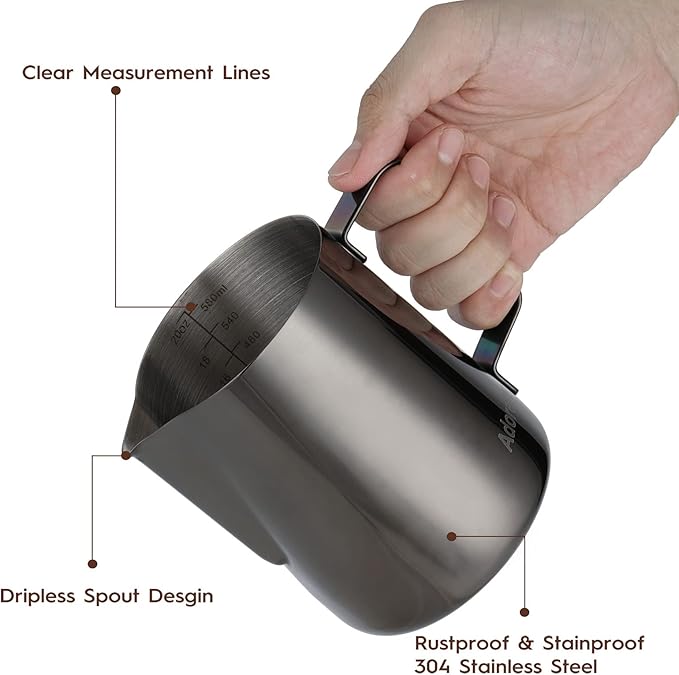 Milk Frothing Pitcher, 600ml (20oz) Steaming Pitchers Stainless Steel Milk Coffee Cappuccino Latte Art Barista Steam Pitchers Milk Jug Cup with Decorating Art Pen, Bright Black
