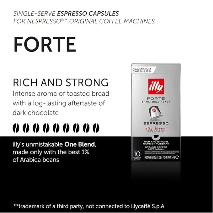 Illy Espresso Compatible Capsules - Single-Serve Coffee Capsules & Pods - Forte Extra Bold Roast - Notes Of Dark Chocolate Coffee Pods - For Nespresso Coffee Machines – 10 Count