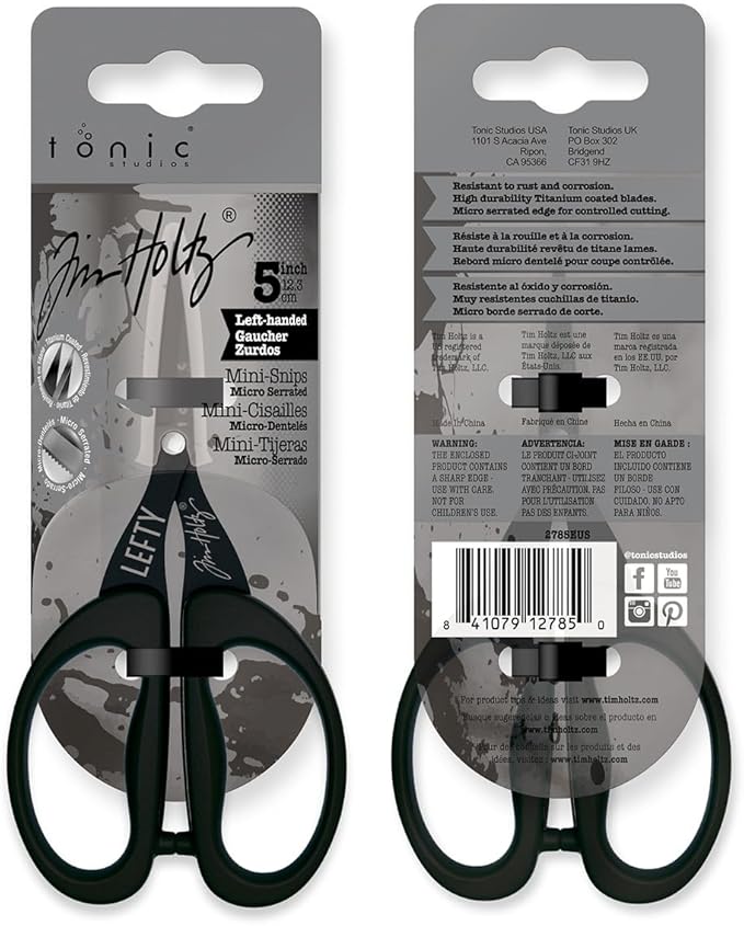 Tim Holtz Left Handed Scissors - 5 Inch Mini Snips with Micro Serrated Blade - Lefty Craft Tool for Cutting Paper, Fabric, and Sewing - Titanium with Black Comfort Grip Handles