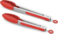 Set of 2 Kitchen Tongs 9-Inch & 12-Inch, Premium Stainless Steel BPA Free Silicone Non-Stick Grilling Barbeque Cooking Locking Food Tongs, Red