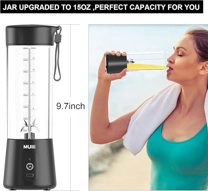Mulli Portable Blender,15oz Mini Blender for Fruit Smoothies and Shakes,USB Rechargeable Mixer for Baby Food,Gym,Travel