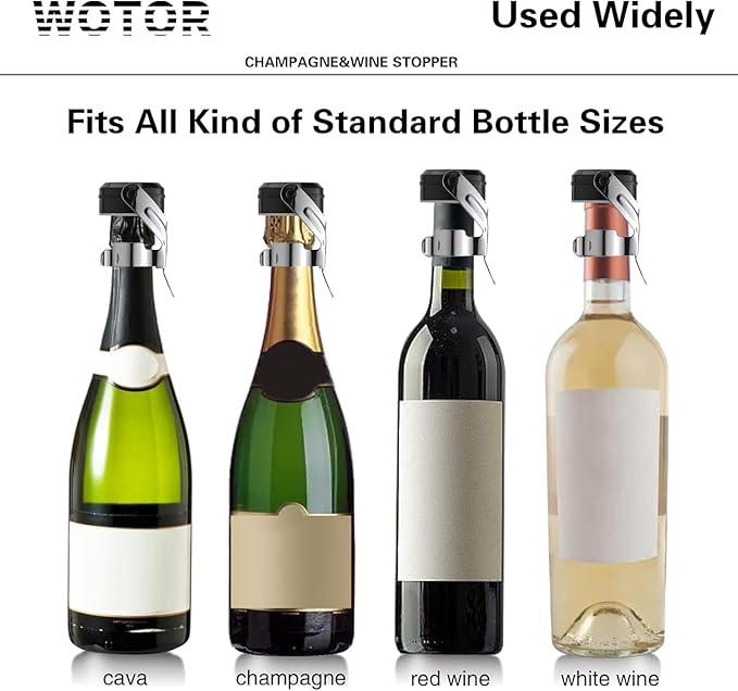 WOTOR Champagne&Wine Bottle Stoppers Stainless Steel with Food Grade Silicone, Leak Proof Keep Fresh Reusable Saver, Cork Suitable for Wine, Champagne, Cava, Prosecco and Sparkling (2 Pack Silver）