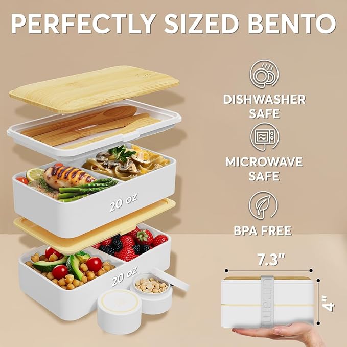 Umami Bento Box Adult All-In-1 w/ 4 Utensils 100% Leakproof, Microwave & Dishwasher Safe Lunch Containers for Adults w/Compartments, Bento Lunch Box Containers