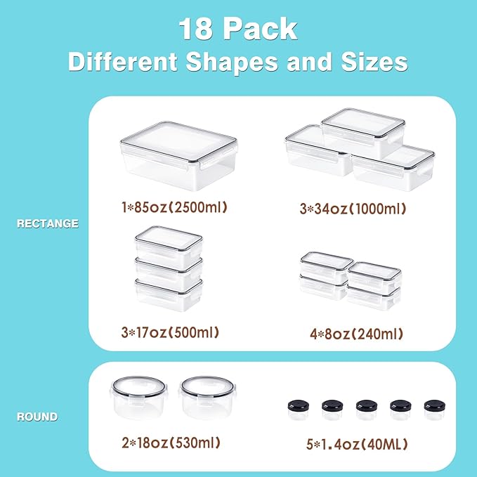 KAGUYA 36 PCS Food Storage Containers with Lids, Plastic Food Containers for Pantry Organizers and Storage, 1.4 Oz - 85 Oz, 100% BPA Free, Leak-Proof, Microwave and Freezer Safe