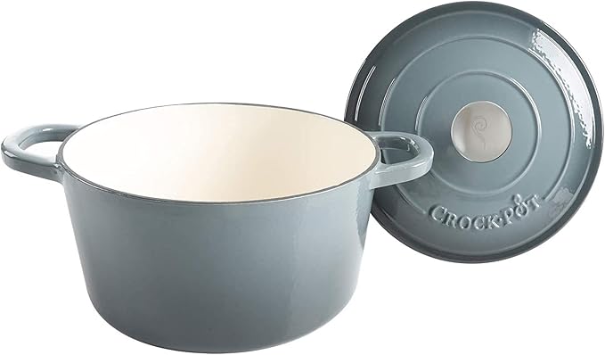 Crock-Pot Artisan 7-Quart Round Enameled Cast Iron Dutch Oven – Slate Gray, Heavy-Duty Cookware for Slow Cooking, Baking, Roasting with Lid