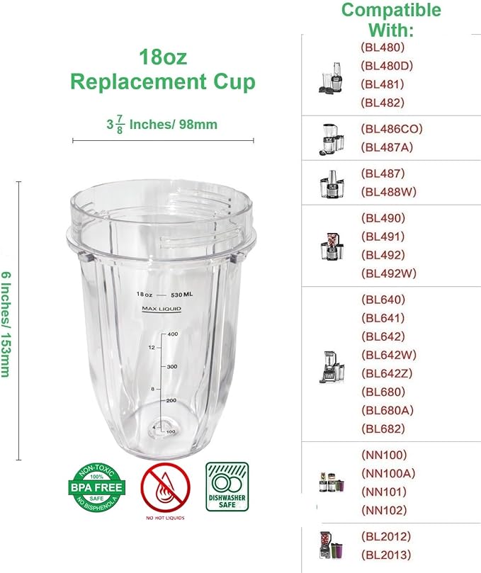 Blendin 18 Ounce Small Cup Jar with Sip N Seal Lids - Replacement Cup Compatible with Nutri Ninja Auto-iQ 1000w Series and Duo Blenders - Premium Blender Cups Replacement (2 Pack)