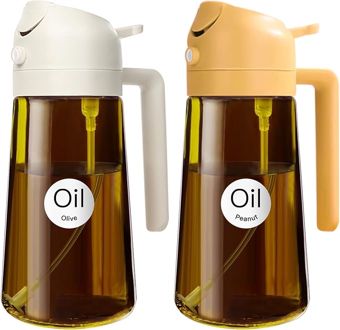 YARRAMATE 2PCS 16oz/470ml Oil Sprayer for Cooking with Stickers, Food-Grade 2 in 1 Olive Oil Dispenser Bottle for Kitchen, Premium Dark AmberGlass Oil Bottle for Air Fryer, BBQ(White & Orange)