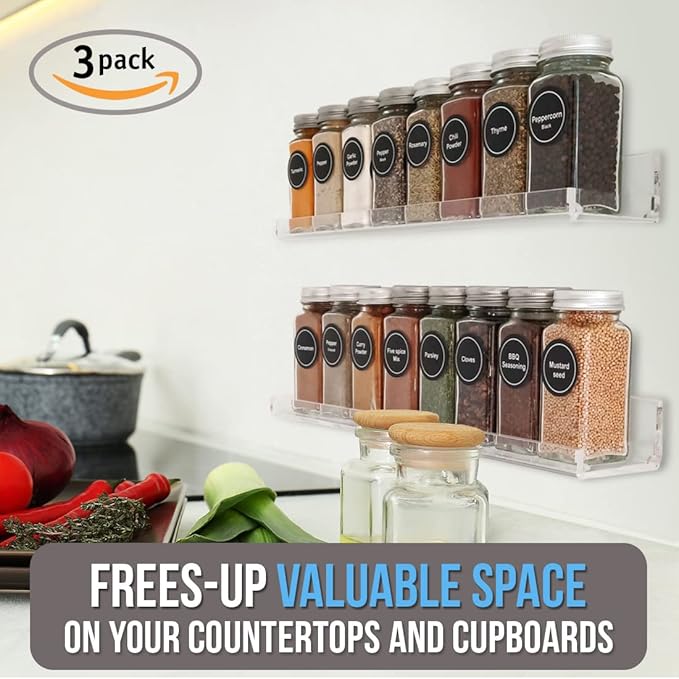 Wall Mounted Spice Rack Shelves [3-Pack] - Clear Acrylic 15" Spice Shelves with Open Shelf Ends