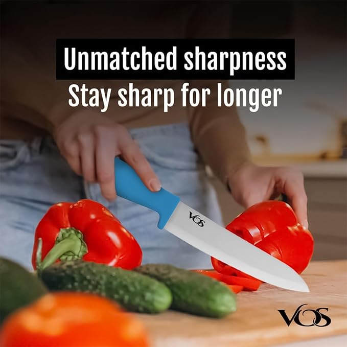 Vos Ceramic Knife Set with Peeler, Ceramic Knives Set For Kitchen, Ultra Sharp Kitchen Knife Set with Covers, 3" 4" 6" Paring, Utility & Chef Knife, Ultra Sharp, Lightweight, Dishwasher safe (Blue)