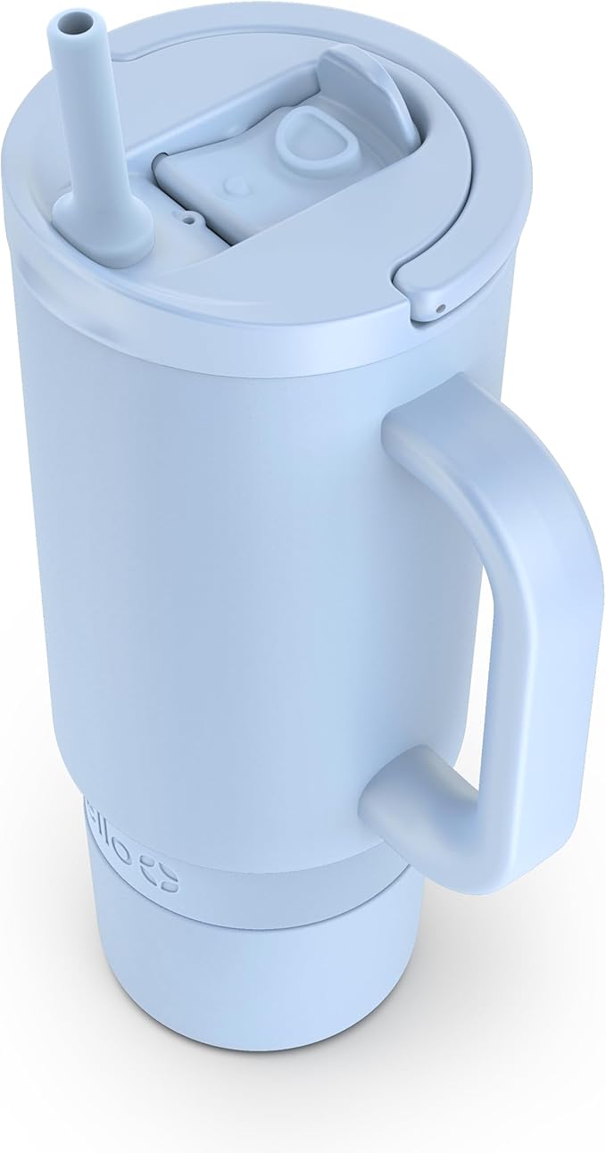 Ello Port 30oz Tumbler with Carry Loop & Integrated Handle, Vacuum Insulated Stainless Steel Reusable Water Bottle, Travel Mug with Leak Proof Lid & Straw, Perfect for Iced Coffee & Tea, Halogen Blue