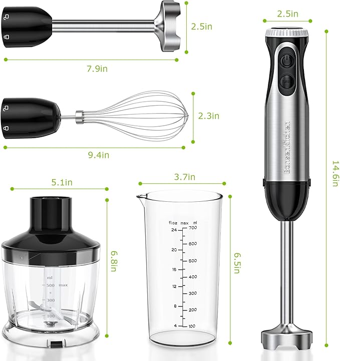 Hand Blender 4-in-1, Bonsenkitchen Stainless Steel 20-Speed Immersion Blender with Food Grinder Bowl, Measuring Mug, Egg Whisk for Smoothies, Baby Food, Sauces, Soups, Puree