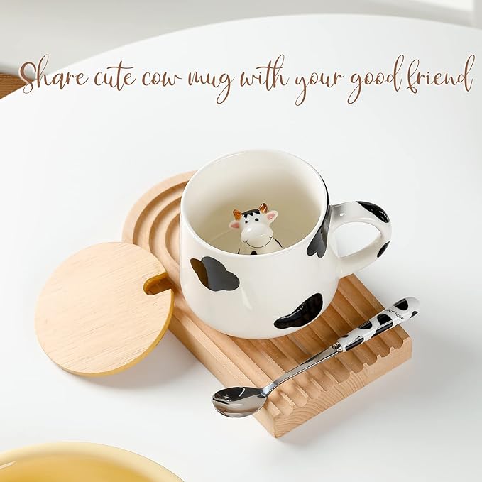 BigNoseDeer Cute Ceramic Cow Mug with 3D Cow Inside,Cow Print Coffee Mug,Cute Mugs with Lid Spoon,Cute Stuff Cool stuff Birthday Gifts Anime Gifts for Women Girlfrend Kids13oz